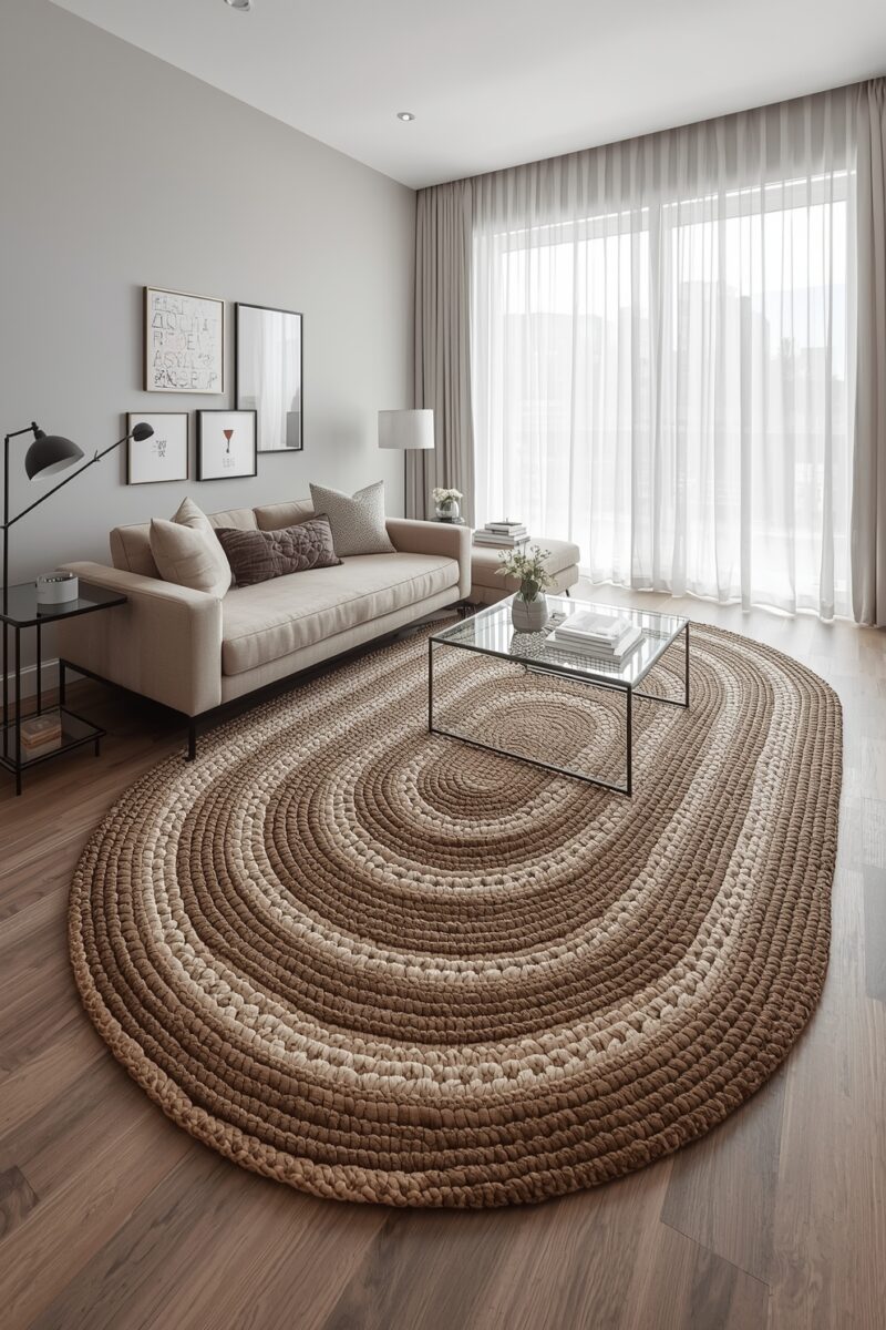 Modern minimalist living room with large oval braided jute rug, beige sofa, glass coffee table, and sheer curtains