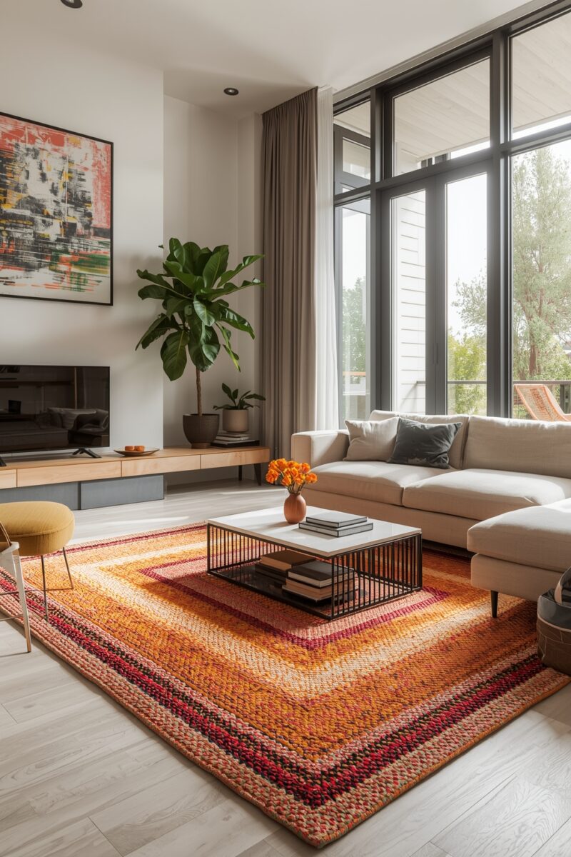 Modern living room with colorful orange-red patterned rug, beige sectional sofa, white coffee table, large fiddle leaf fig plant, and floor-to-ceiling windows