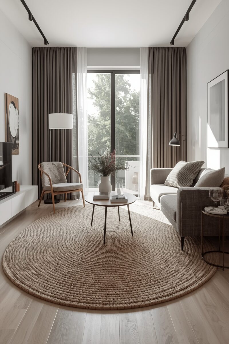 Modern minimalist living room with round jute rug, grey sofa, wooden chair, and large floor-to-ceiling window