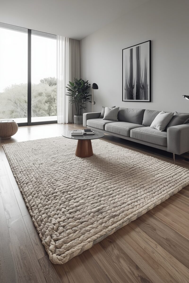 Modern minimalist living room with large chunky braided cream rug, gray sofa, round marble coffee table, and floor-to-ceiling windows