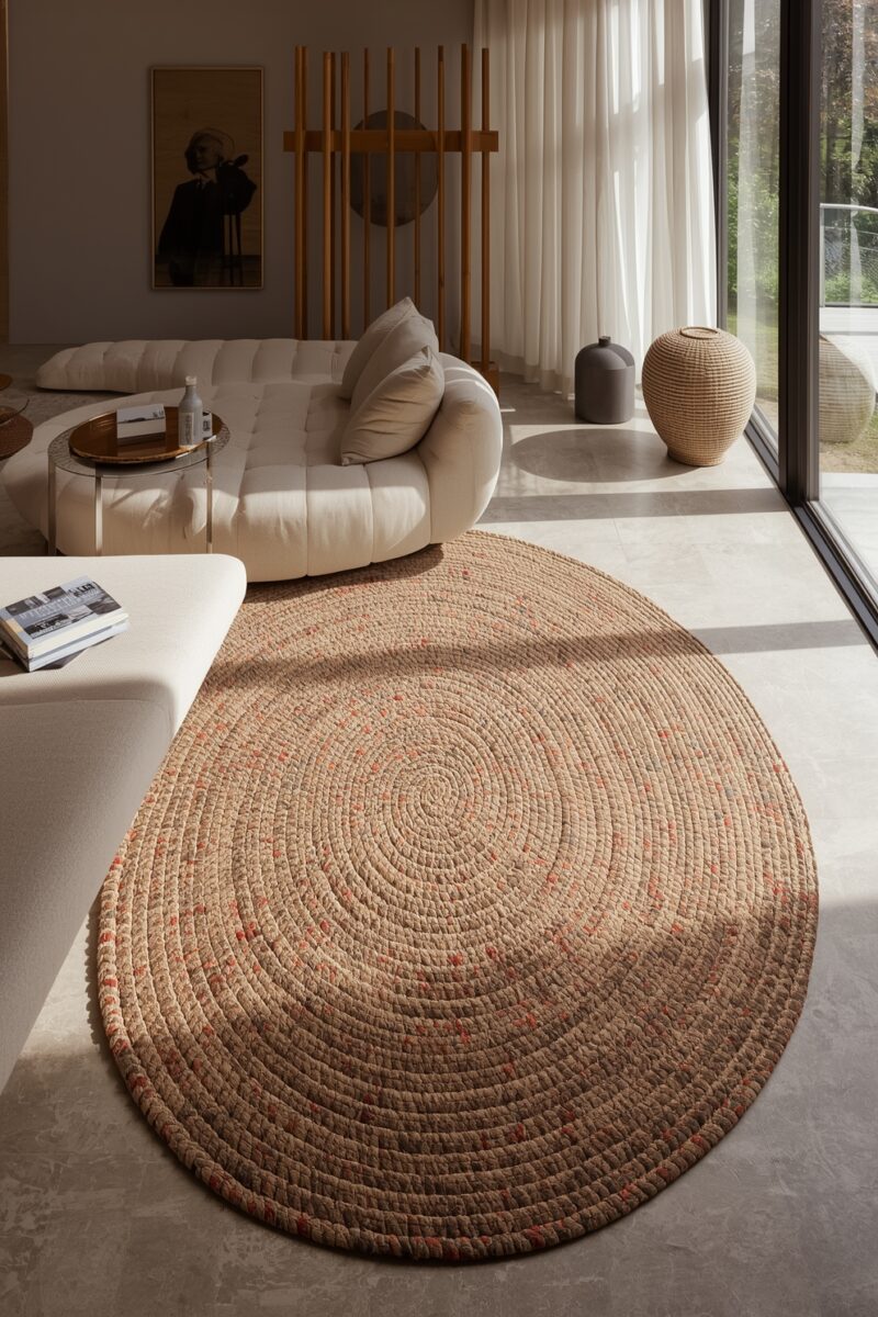 Large oval braided jute rug with spiral pattern in neutral tones on stone floor in modern living room
