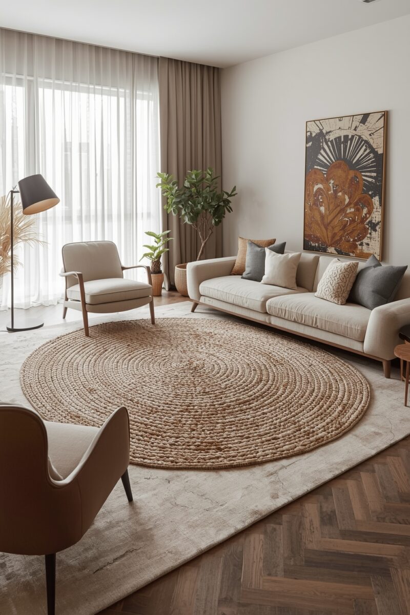 Modern neutral living room with beige sofa, round jute rug layered over large area rug, and botanical wall art