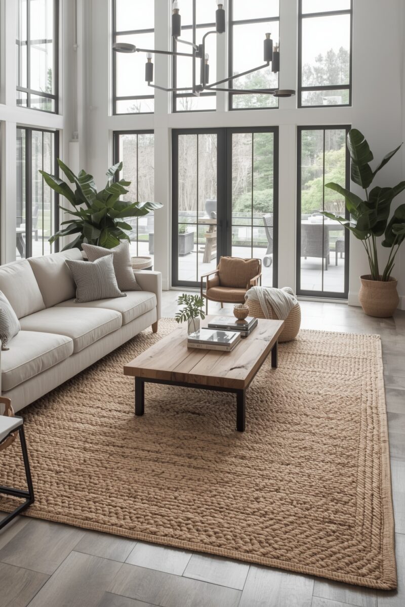 Modern living room with cream sofa, wood coffee table, jute rug, large floor-to-ceiling windows, and tropical plants