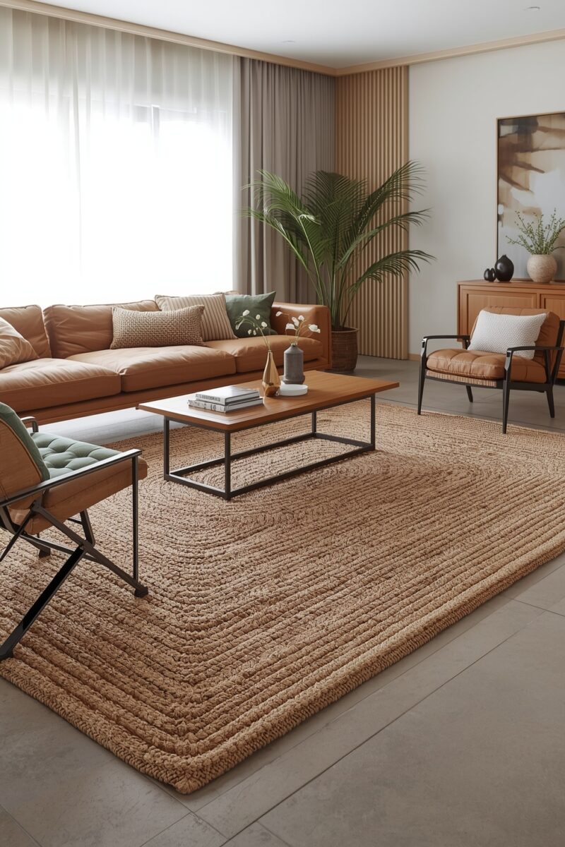 Modern living room with tan leather sectional sofa, jute rug, wooden coffee table, and tropical palm plant