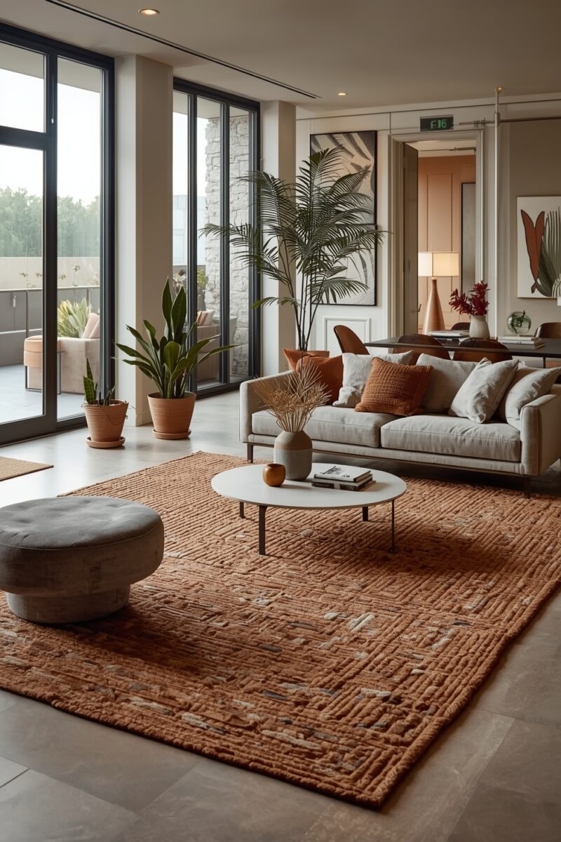 Modern living room with terracotta rug, light gray sofa, orange cushions, palm plant, and floor-to-ceiling windows