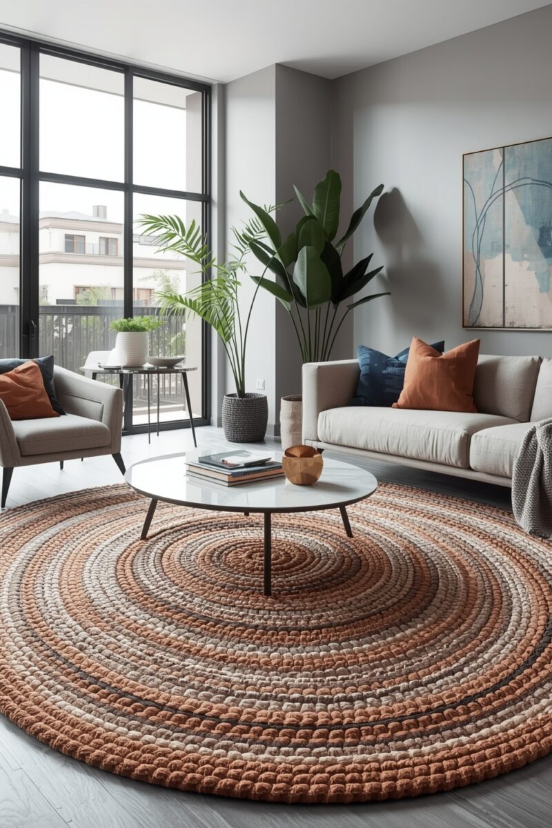 Modern living room with large round braided jute rug, white sofa, orange cushions, and indoor tropical plants