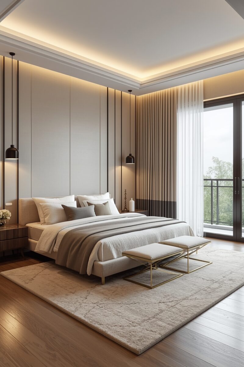 Luxurious modern master bedroom with king bed, pendant lights, tray ceiling, and balcony glass doors