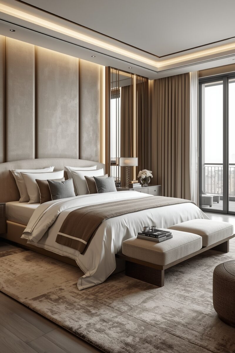 Luxury modern bedroom with beige upholstered headboard, layered neutral bedding, and floor-to-ceiling curtains