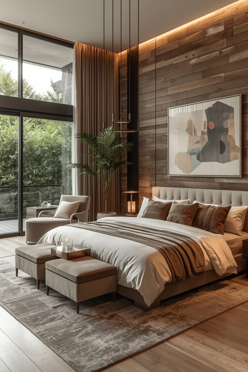 Luxury modern bedroom with wood accent wall, tufted beige headboard, earth-tone bedding, and floor-to-ceiling windows