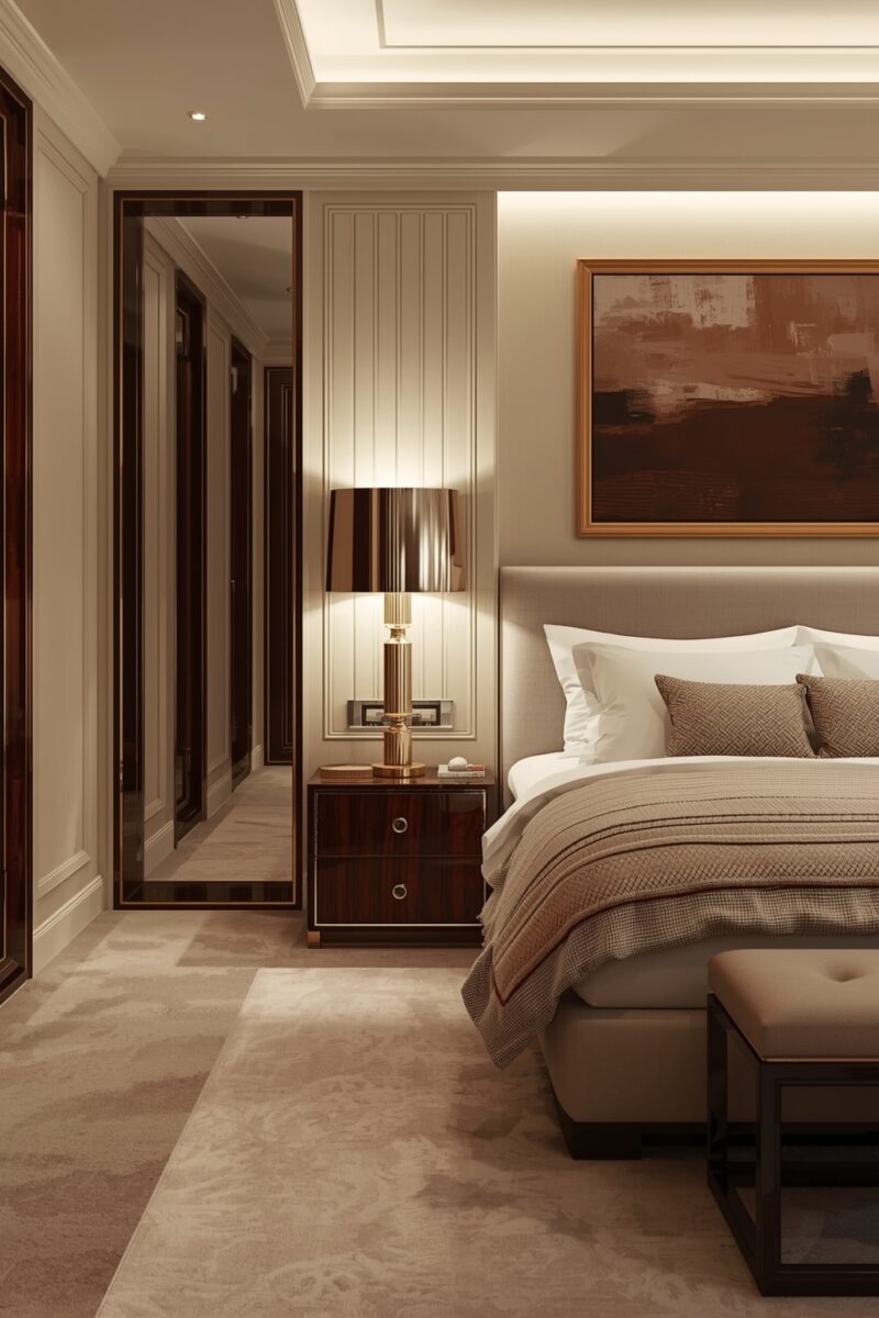 Luxury hotel-style bedroom with beige upholstered headboard, gold lamp, dark wood nightstand, and abstract artwork