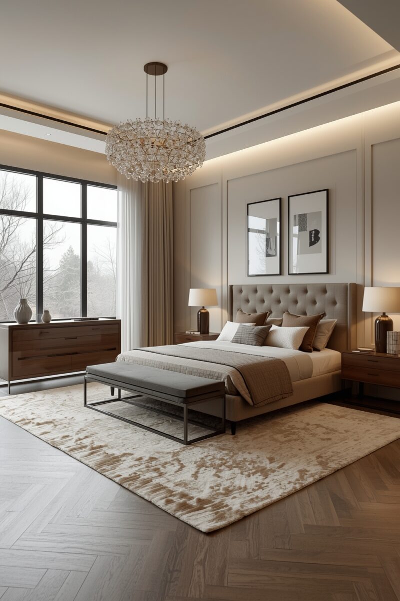 Luxury modern bedroom with tufted gray headboard, crystal chandelier, herringbone wood floor, and neutral beige tones