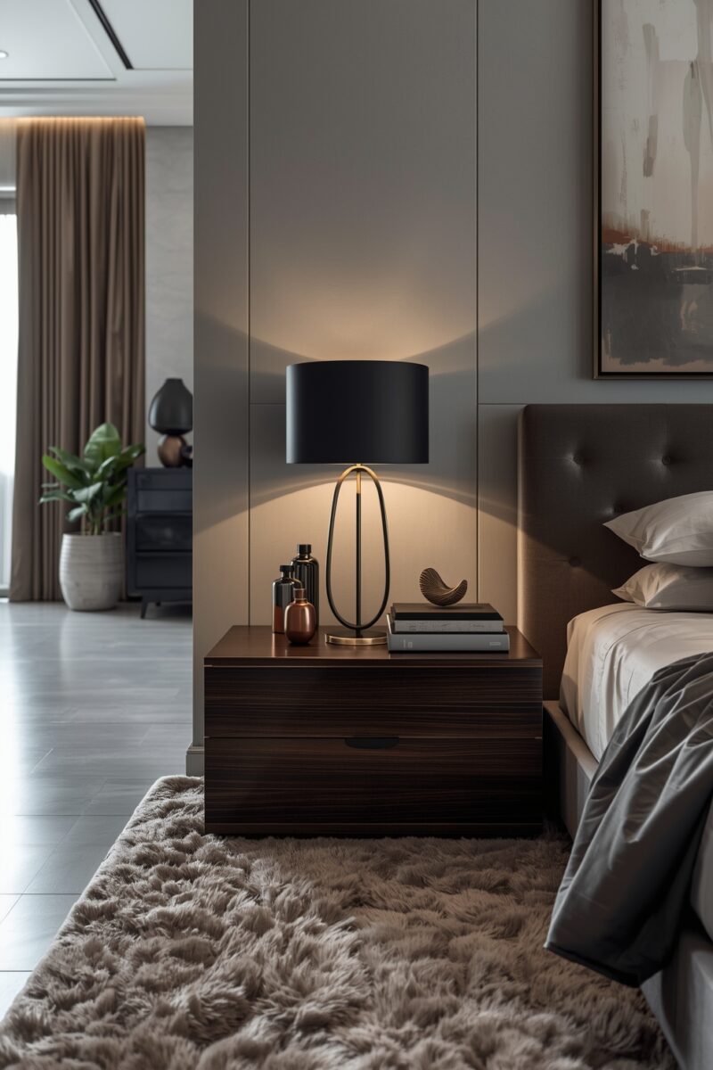 Modern luxury bedroom with dark wood nightstand, black oval table lamp, and tufted leather headboard