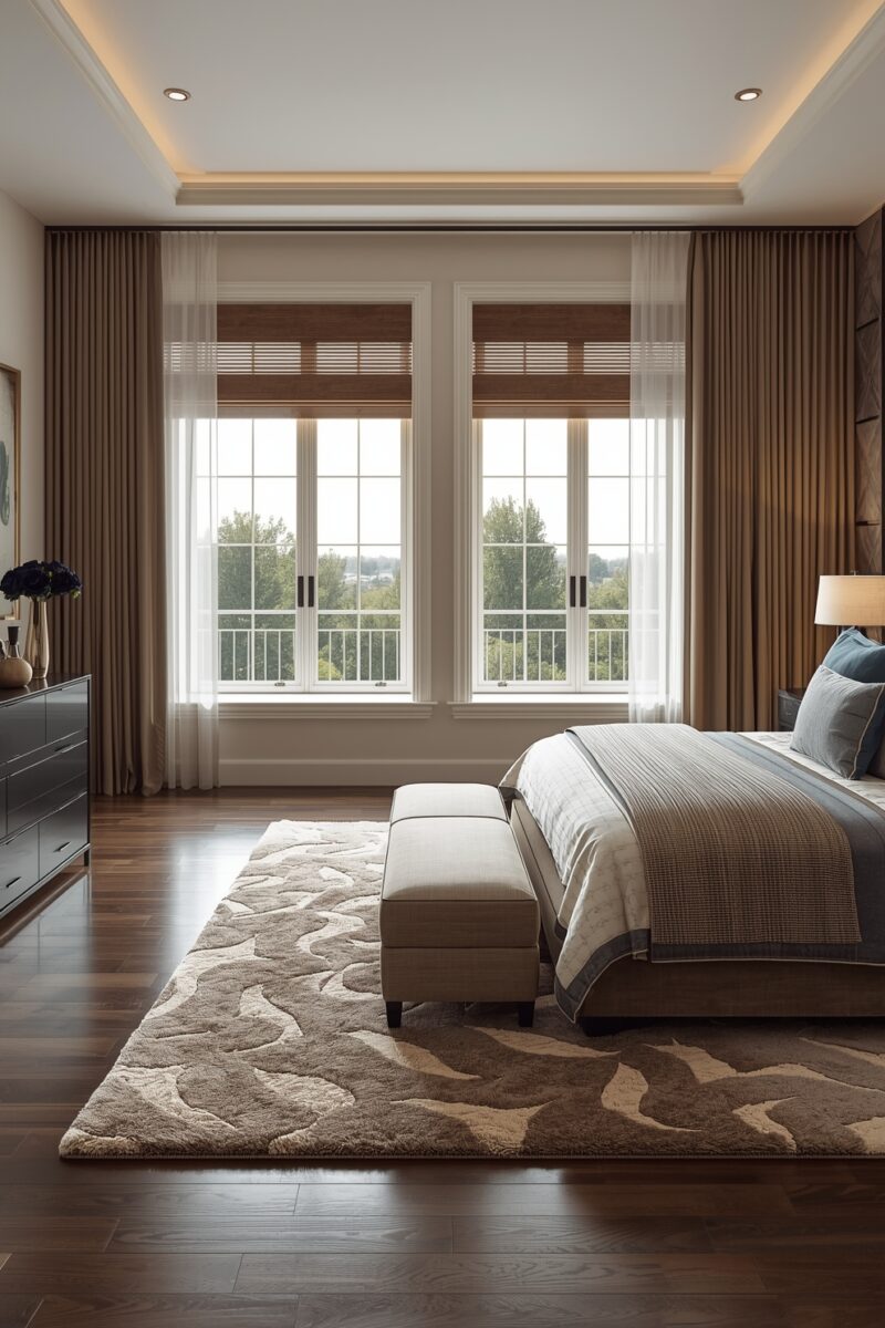 Elegant master bedroom with tray ceiling, hardwood floors, neutral brown curtains, and large windows overlooking trees