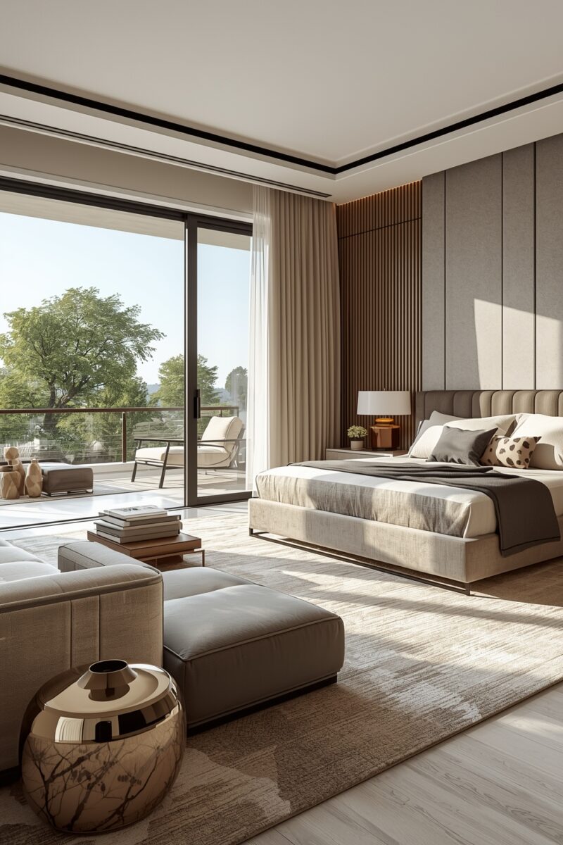Luxury modern master bedroom with floor-to-ceiling sliding doors, king bed, neutral tones, and balcony view