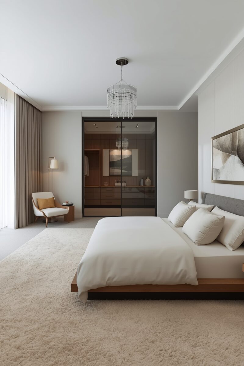 Modern minimalist bedroom with white bedding, crystal chandelier, glass wardrobe, and neutral tones