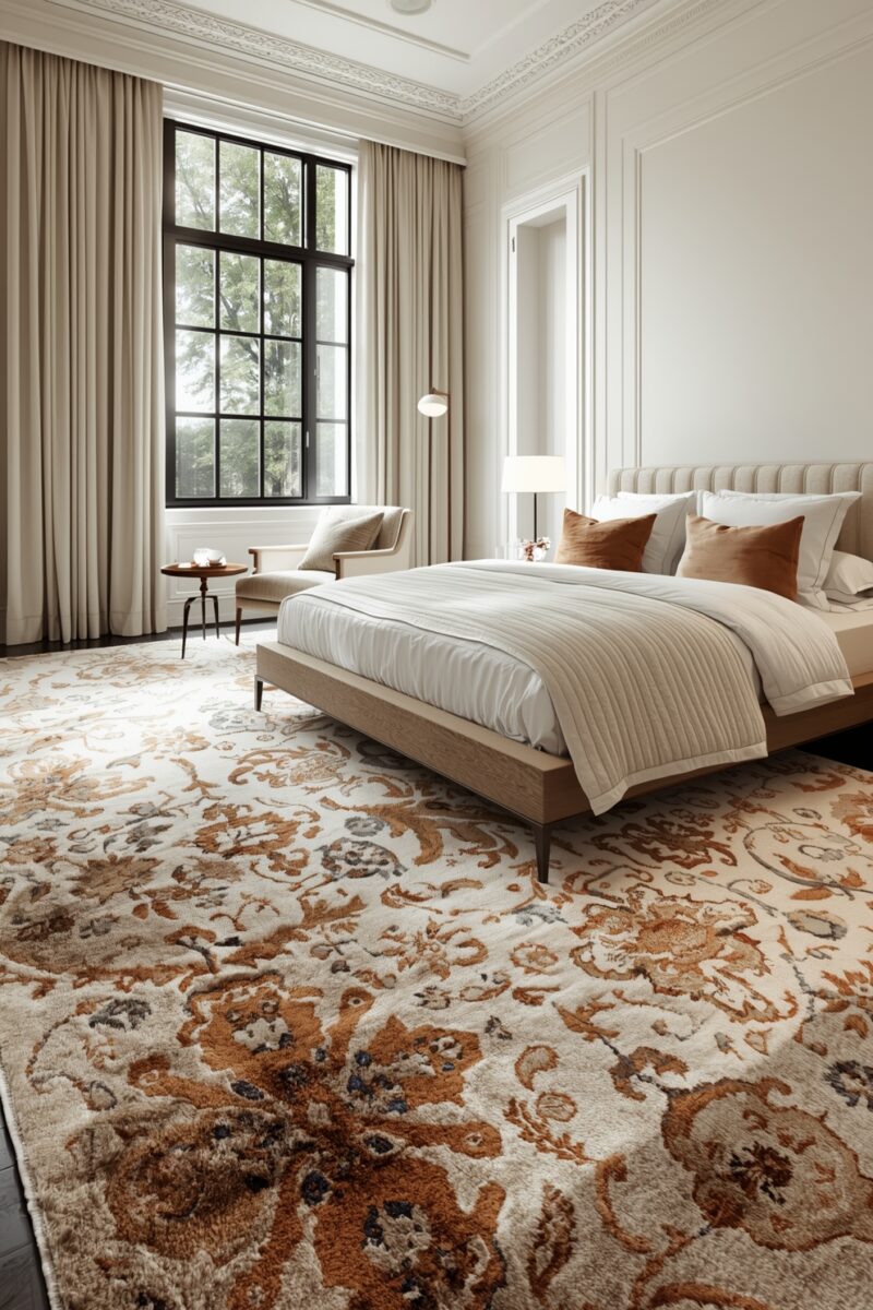 Elegant bedroom with large floral area rug in cream and burnt orange tones, upholstered bed, and tall windows