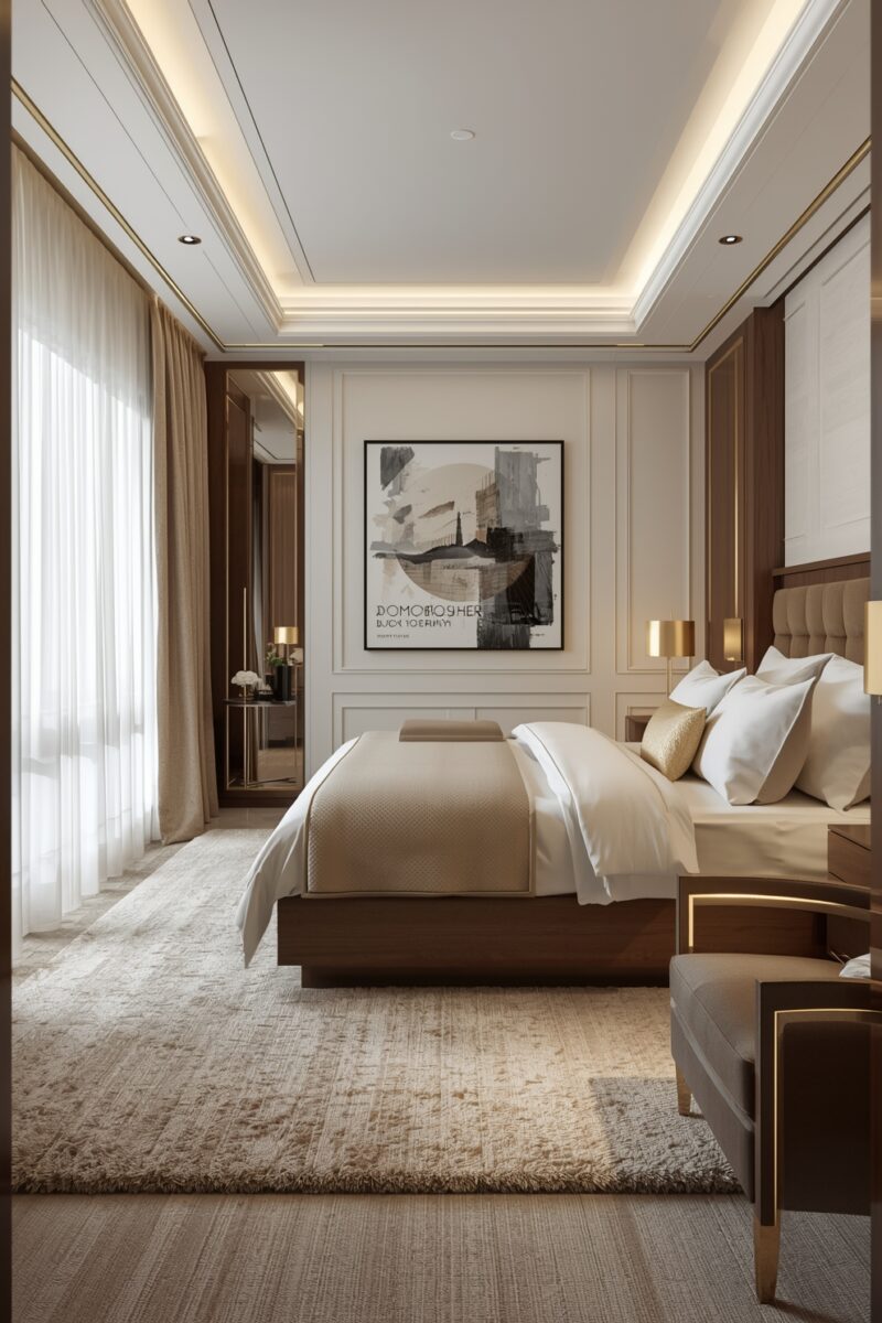 Luxury modern bedroom with king bed, tufted headboard, gold accents, coffered ceiling, and neutral beige tones