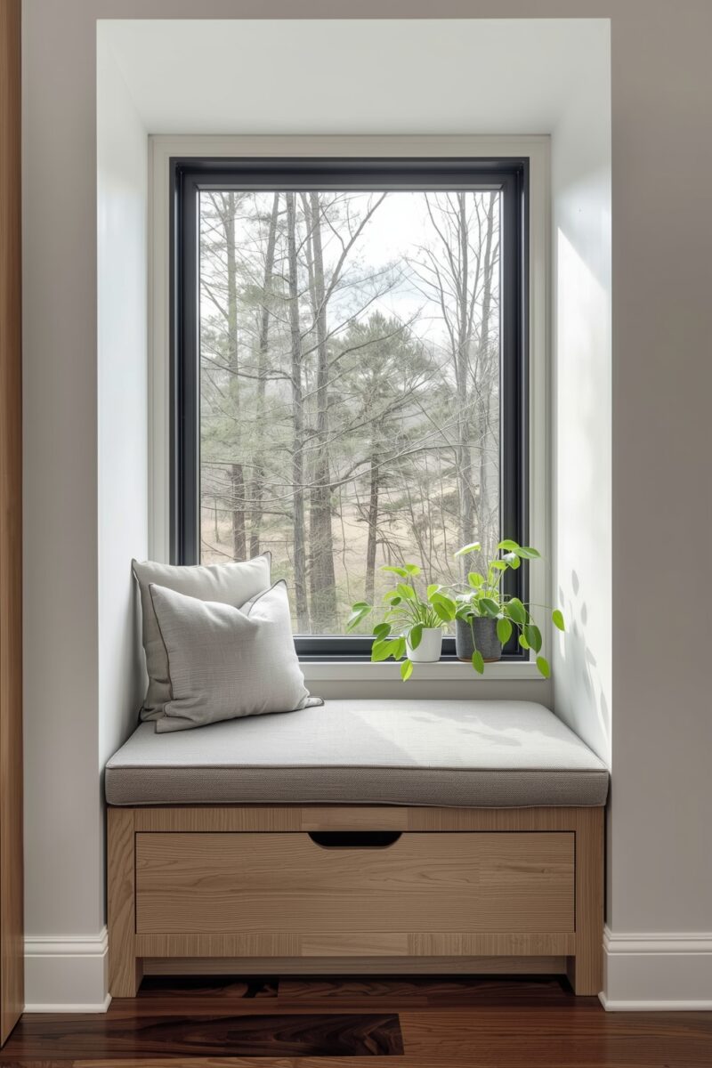 Cozy built-in window seat with storage drawer, gray cushion, white pillows, and green houseplants overlooking wooded landscape