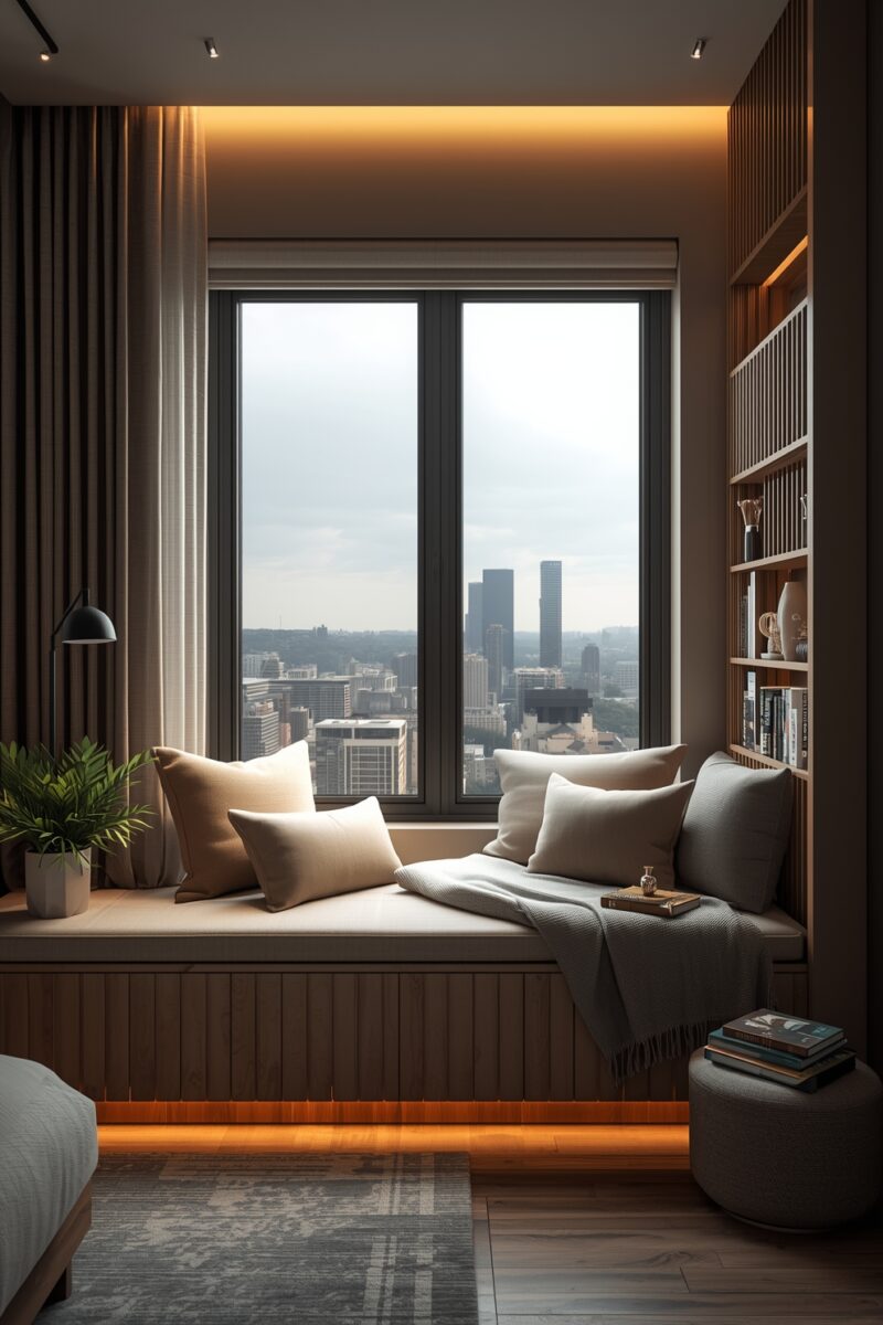 Modern built-in window seat reading nook with city skyline view, warm wood paneling, neutral cushions, and ambient LED lighting