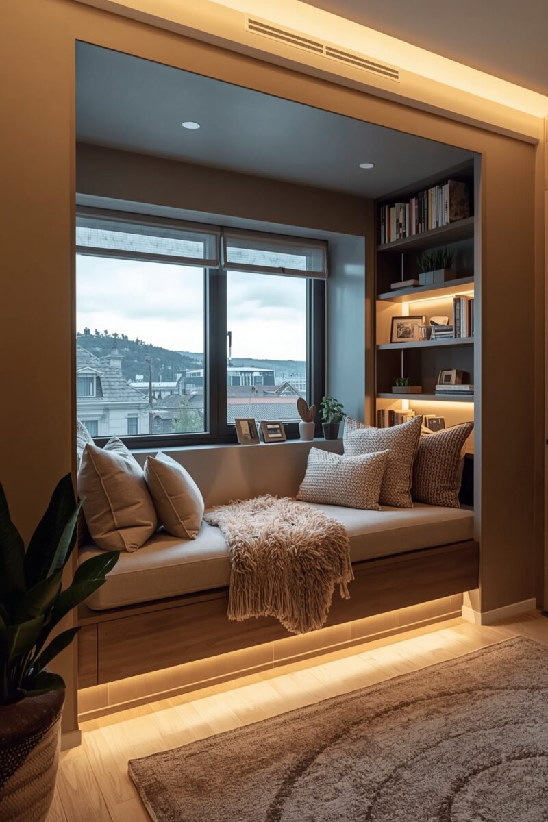 Cozy built-in window seat nook with cushions, throw blanket, shelves, warm LED lighting, and city view