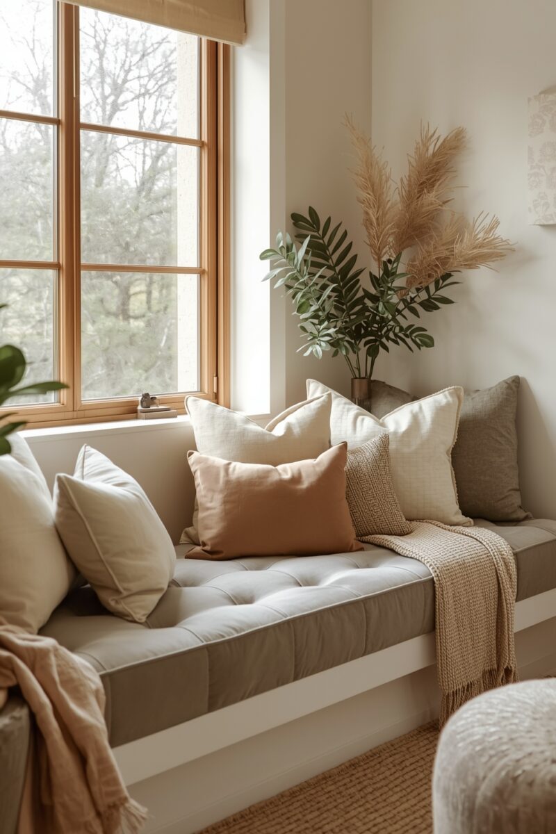 Cozy neutral window seat bench with cream and terracotta pillows, knit throw, green plant, and pampas grass in natural light