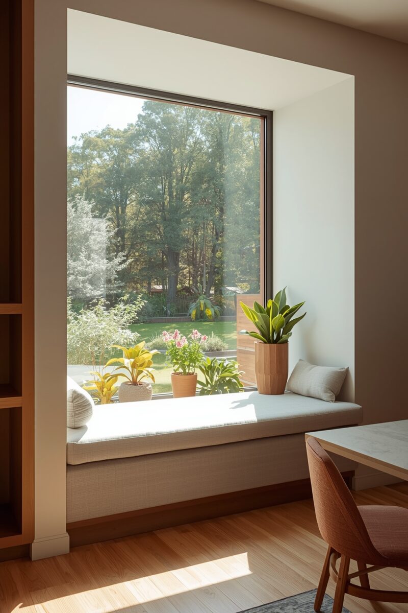 Modern window seat with cushion, potted plants, and large window overlooking a lush green garden