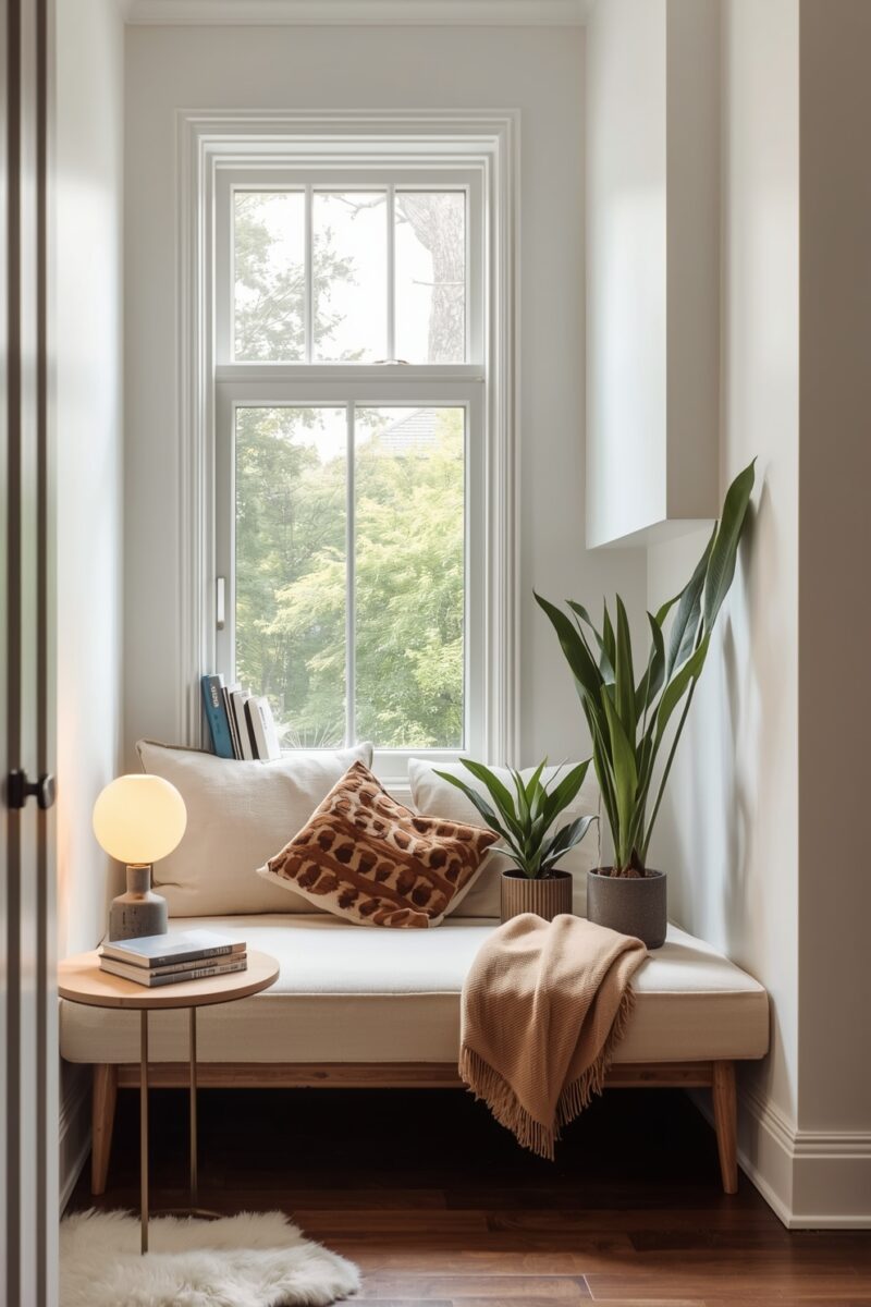 Cozy reading nook with cream daybed, patterned cushions, potted plants, globe lamp, and tall window overlooking trees