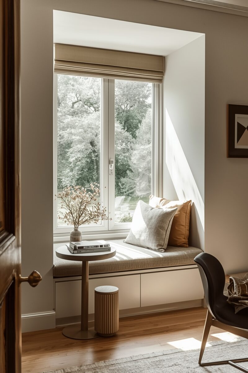 Cozy window seat nook with neutral cushions, small round side table, books, dried floral vase, and view of trees