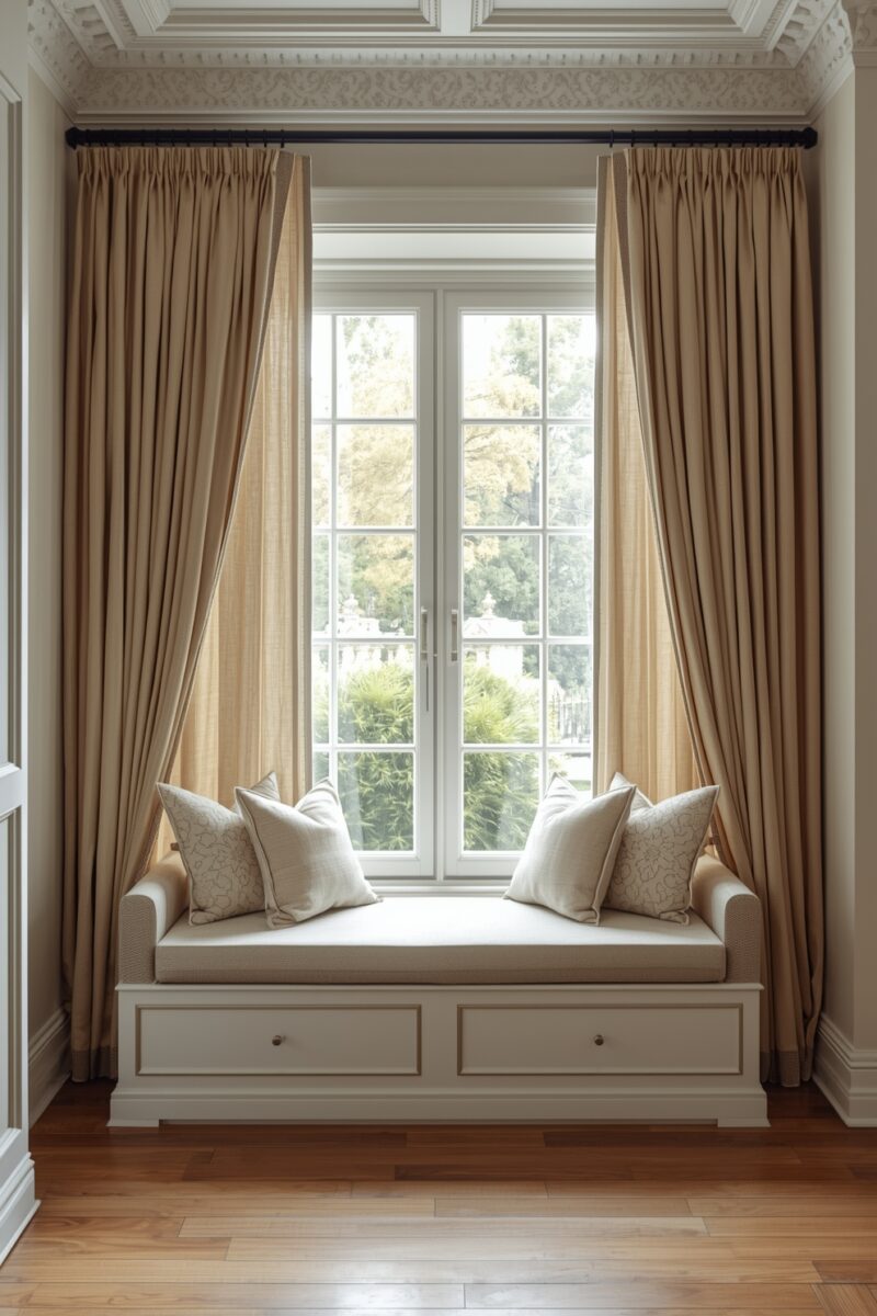 Elegant window seat with storage drawers, cream cushions, and floor-to-ceiling beige linen curtains
