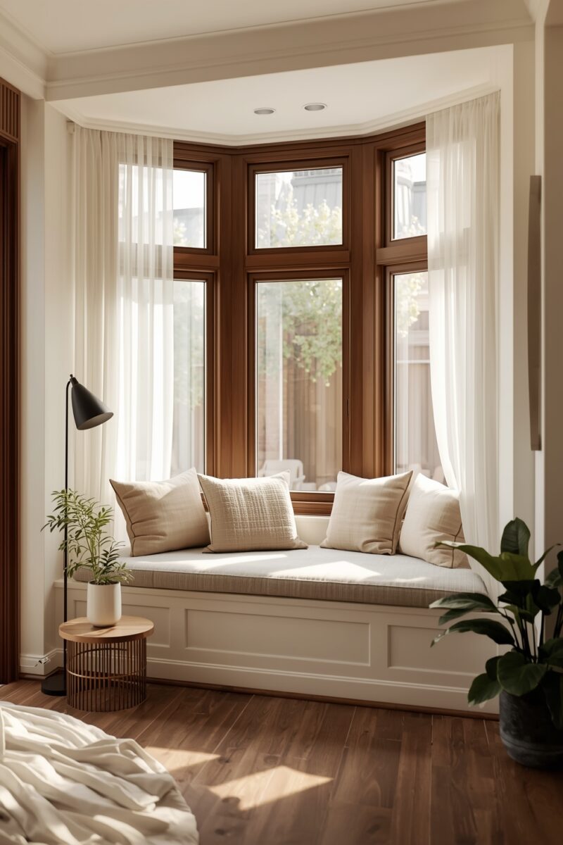 Elegant bay window seat with cream cushions and pillows, wood-framed windows, sheer curtains, and hardwood floors