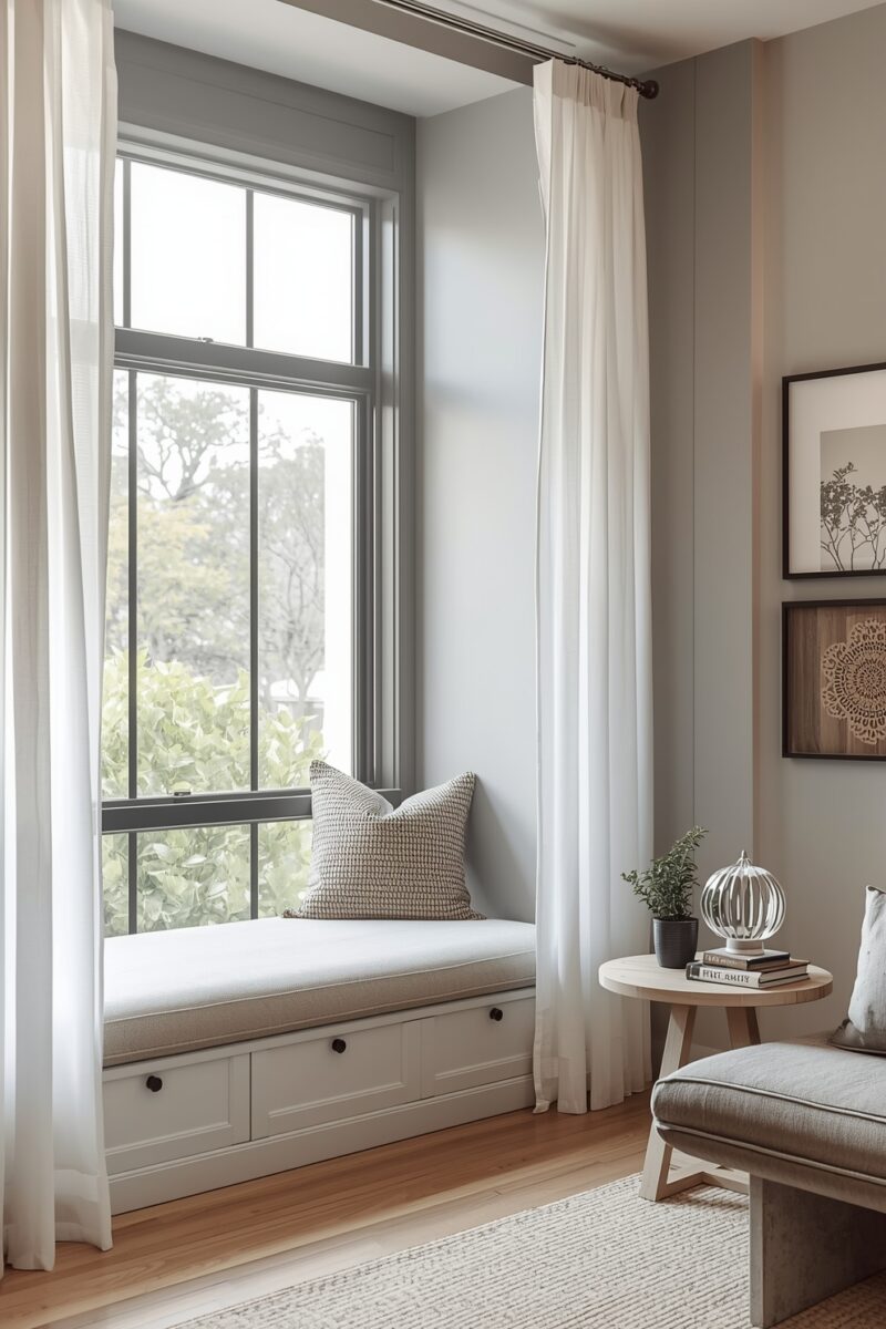 Cozy window seat with storage drawers, white cushion, patterned pillow, sheer curtains, and small side table