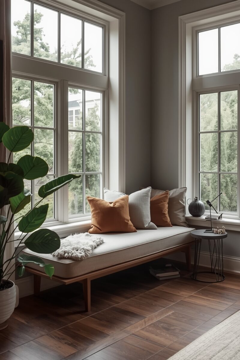 Cozy window seat daybed with rust and gray pillows beside large floor-to-ceiling windows and a tropical plant
