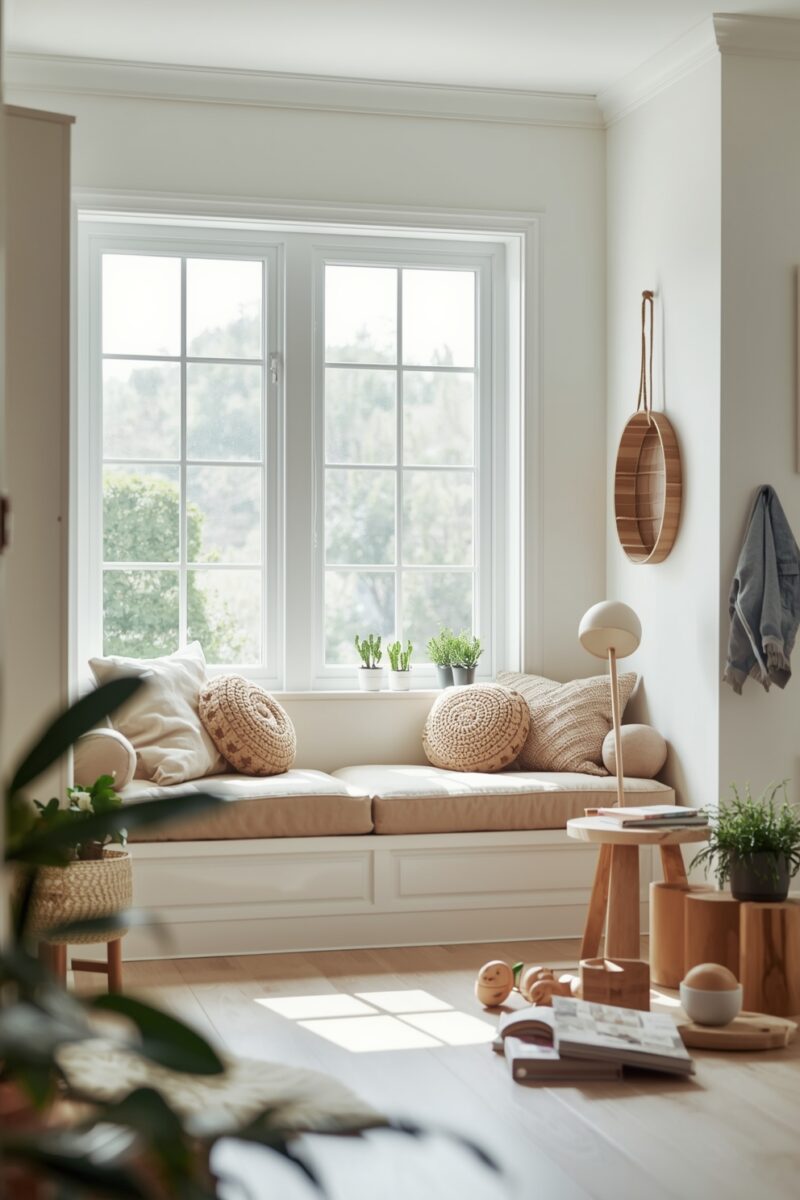 Bright Scandinavian living room with built-in window bench, woven cushions, plants, and natural wood accents