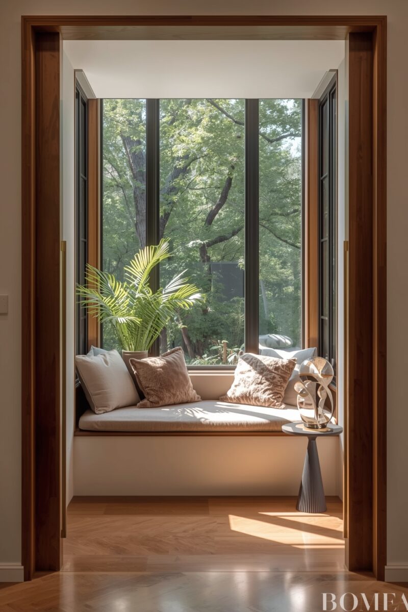 Cozy window seat nook with cushions, throw pillows, potted palm plant, and floor-to-ceiling windows overlooking green trees