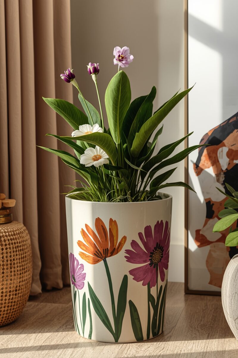 White ceramic pot with painted colorful flowers holding a lush green plant with purple and white blooms indoors