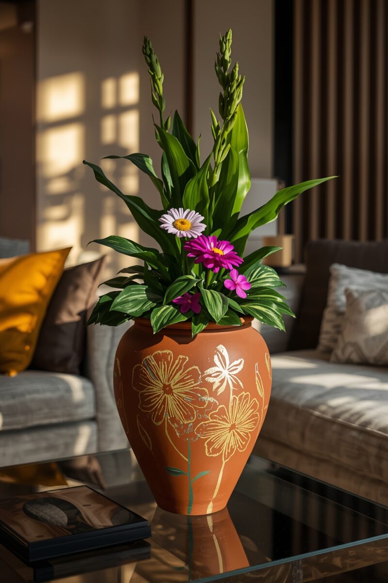 Terracotta vase with floral engravings holding pink daisies and tall green plants on a glass coffee table
