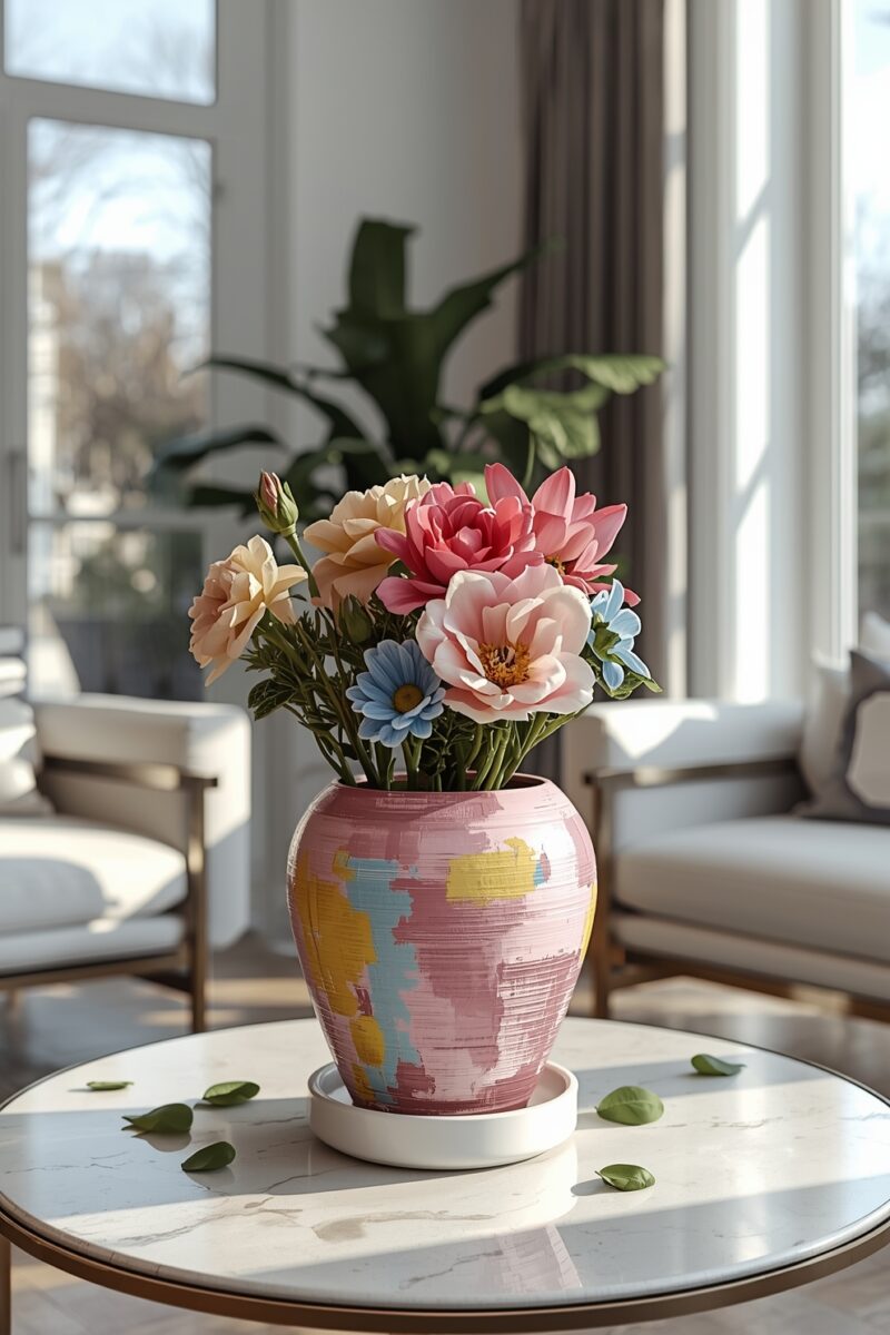 Colorful mixed flower bouquet in a painted pink ceramic vase on a marble table in a bright living room