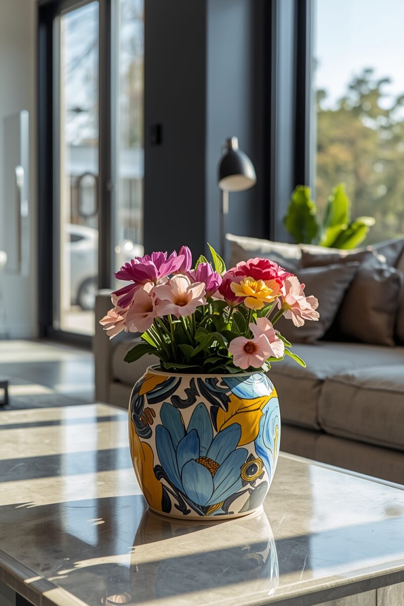 Colorful mixed flowers in a hand-painted ceramic vase on a marble coffee table in a modern living room