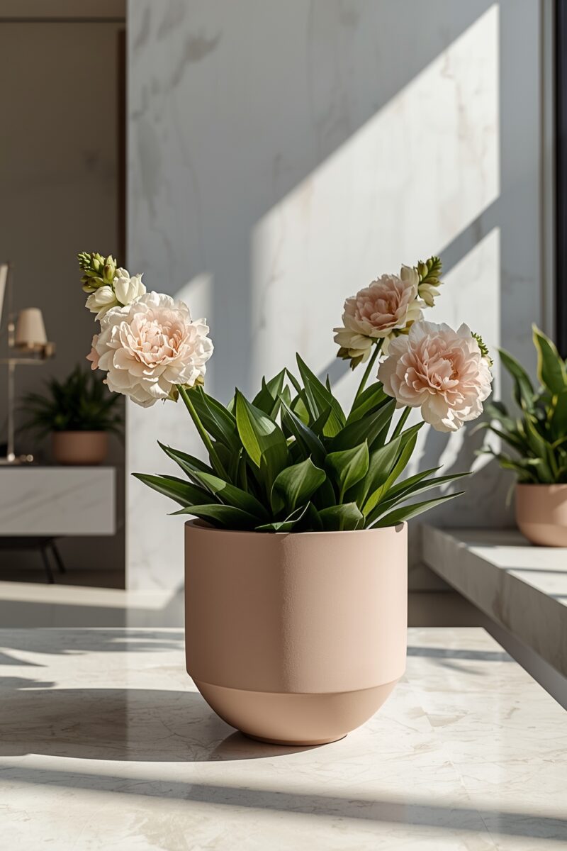 Pink peony flowers in a blush matte ceramic pot on a white marble surface in a modern interior