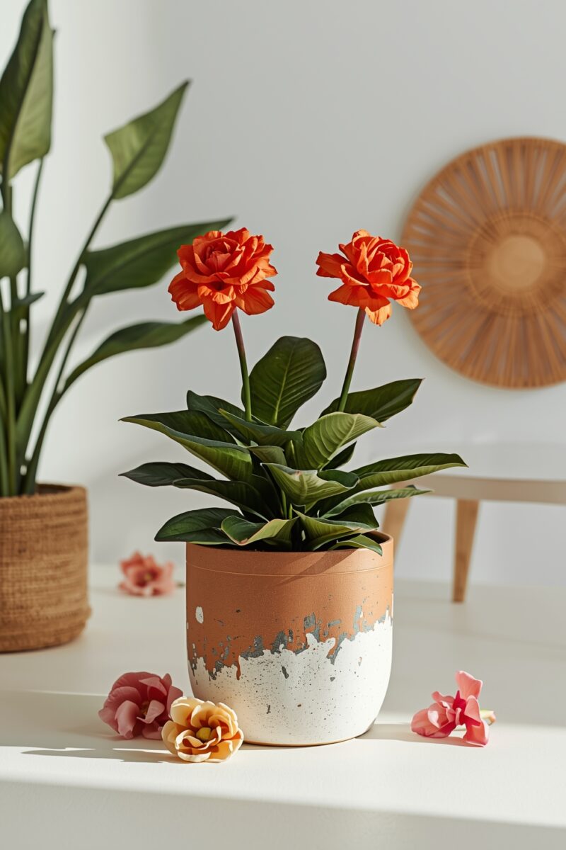 Orange flowering plant in terracotta and white ceramic pot on white surface with scattered small flowers