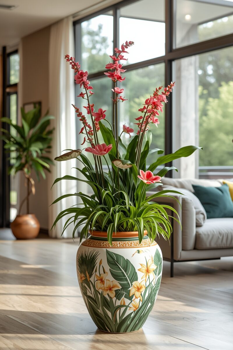 Tropical flowering plant with pink blooms in a decorative ceramic pot with floral motifs in a modern living room
