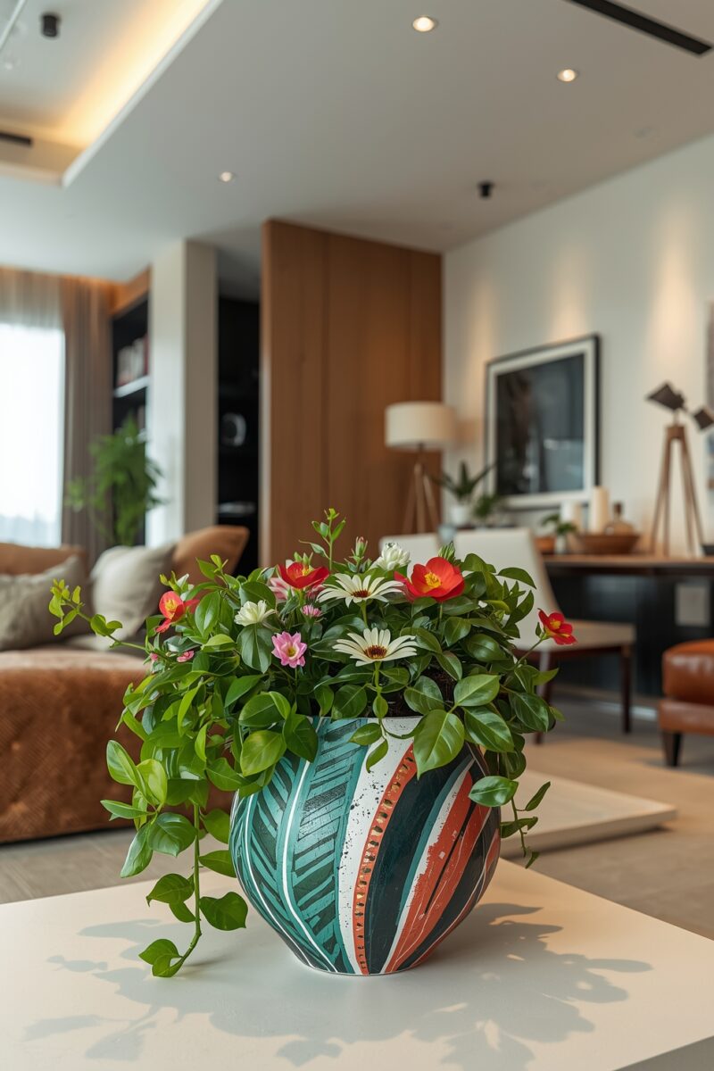 Colorful painted ceramic pot with mixed flowers and trailing pothos on a white coffee table in a modern living room