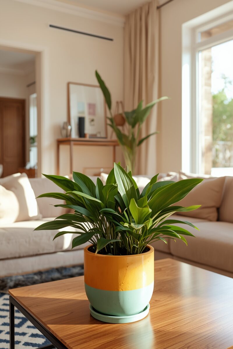Green tropical houseplant in two-tone orange and mint ceramic pot on wooden coffee table in bright living room