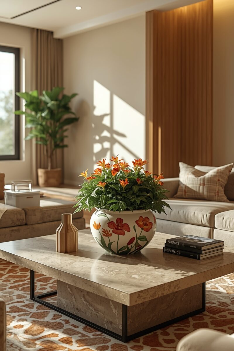 Modern living room with marble coffee table, floral ceramic pot of orange flowers, books, and neutral sofa