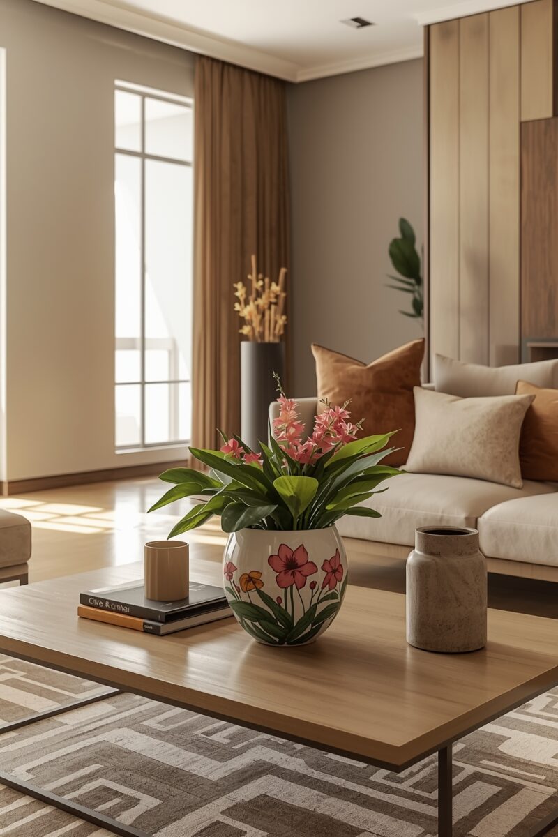 Modern living room with floral vase, books, and candle on wooden coffee table, beige sofa with brown pillows