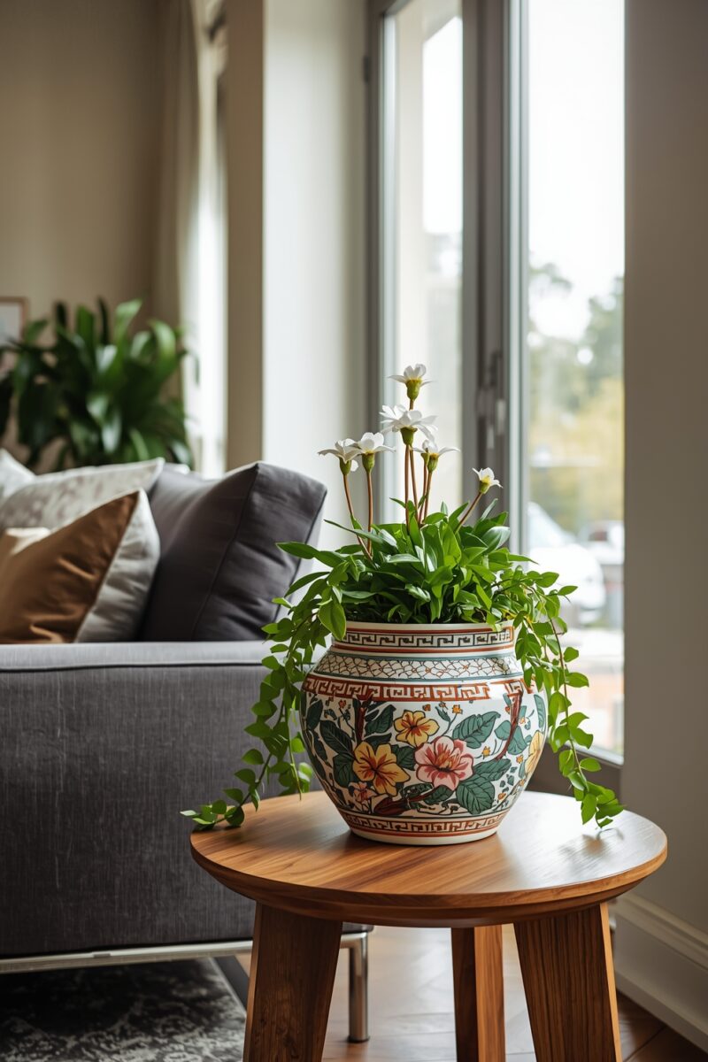 Decorative Chinese porcelain planter with white flowers and trailing vines on a wooden side table near a window