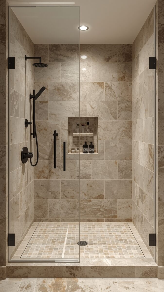 Modern walk-in shower with beige marble tiles, black fixtures, glass door, mosaic floor, and built-in niche shelf
