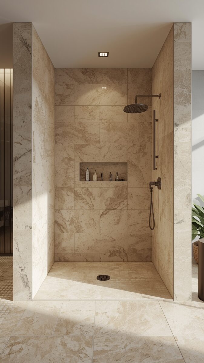 Modern walk-in shower with beige marble tiles, rain showerhead, built-in niche shelf, and bronze fixtures