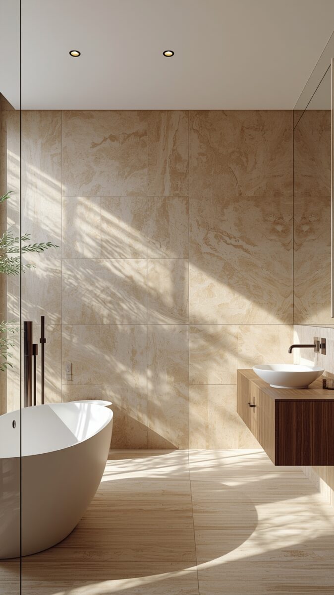 Modern minimalist bathroom with freestanding white soaking tub, travertine stone walls, and floating walnut vanity