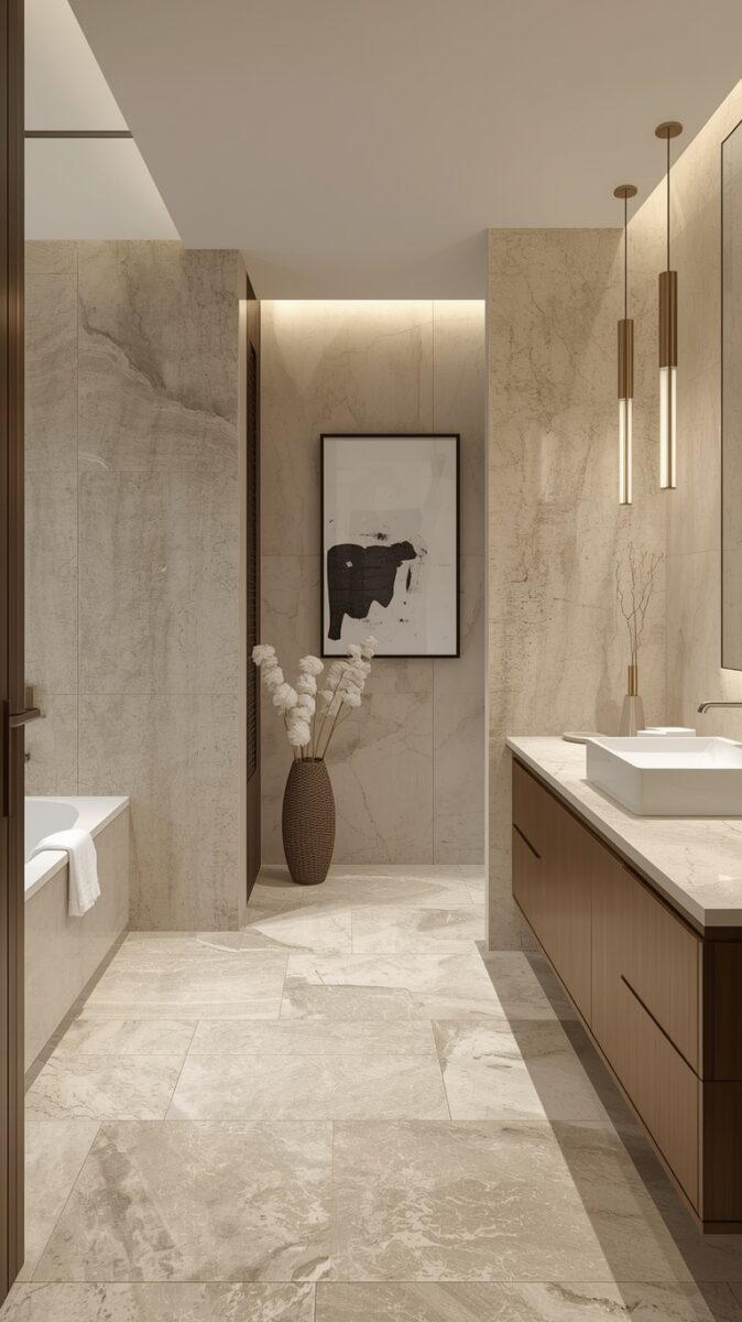 Luxury modern bathroom with beige marble tiles, floating wood vanity, vessel sink, and gold pendant lights